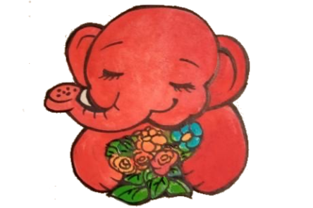 お花を抱きしめる赤いぞうさんのイラスト