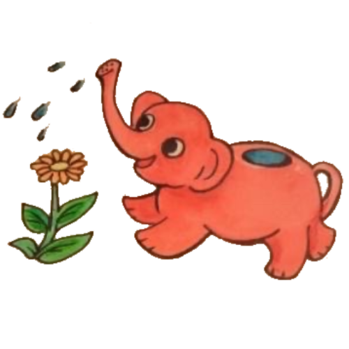 お花に水をあげる赤いぞうさんのイラスト