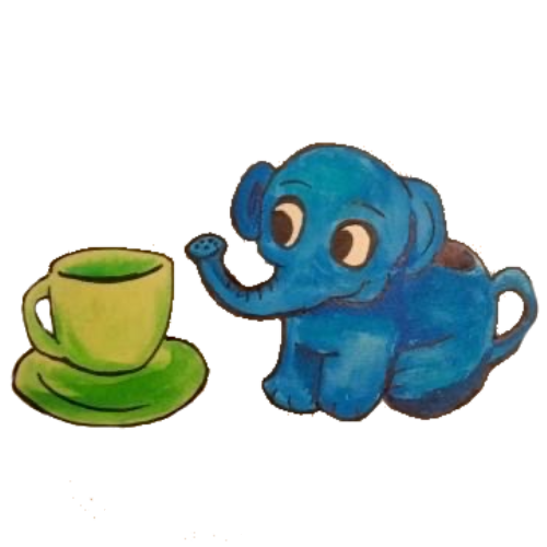 マグカップのとなりに座る青いぞうさんのイラスト