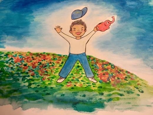 お花畑で両手を広げてにこにこしている男の子のイラスト