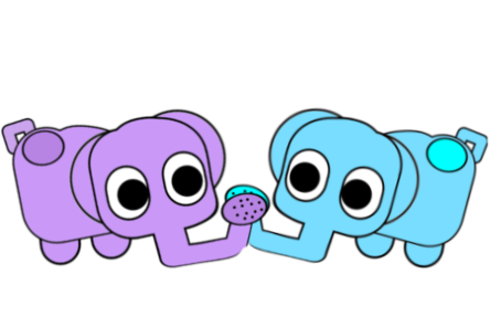 向かい合う、紫と水色のぞうさんのイラスト